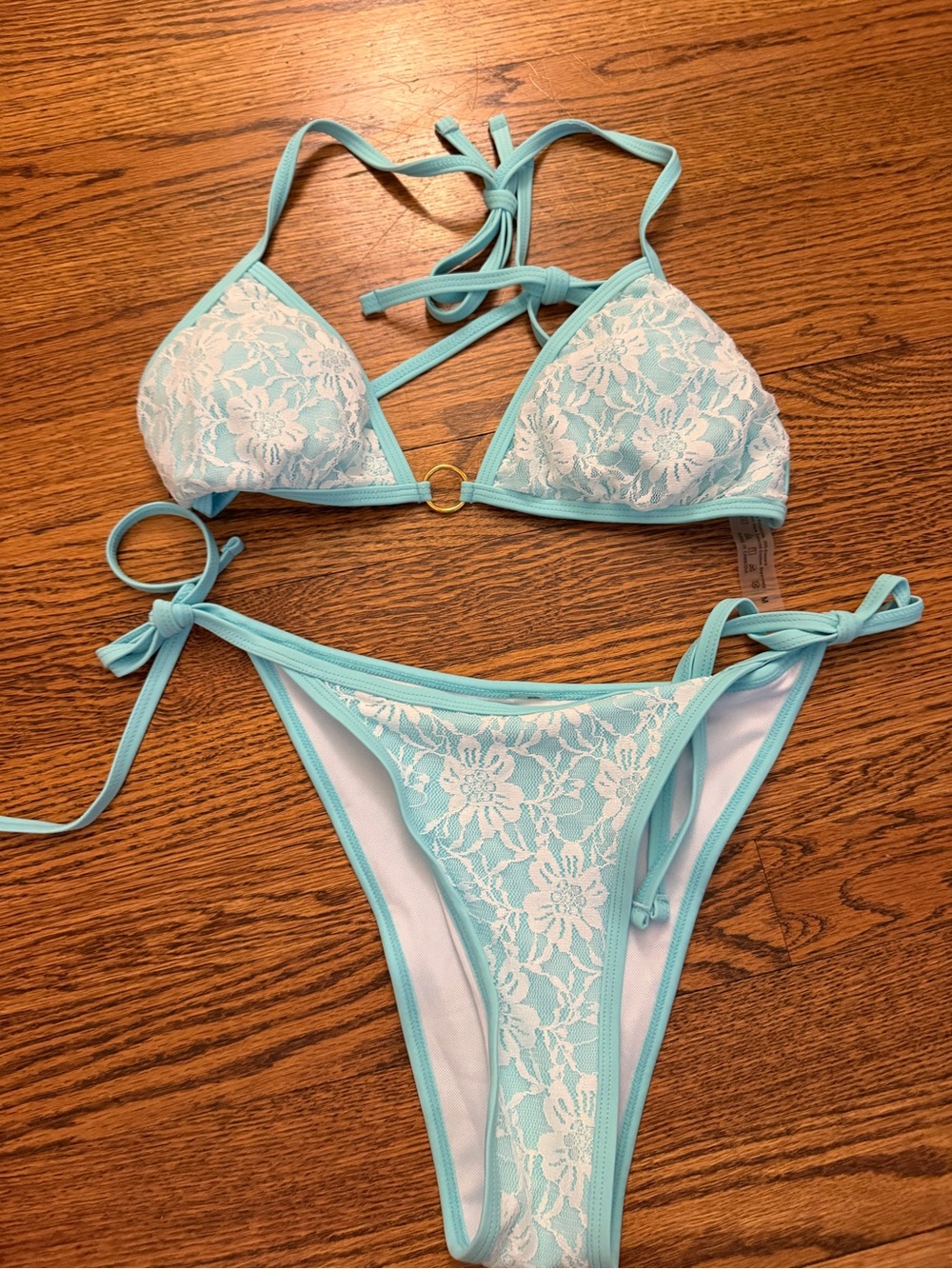 SHEIN Light Blue & White Lace Triangle String Bikini